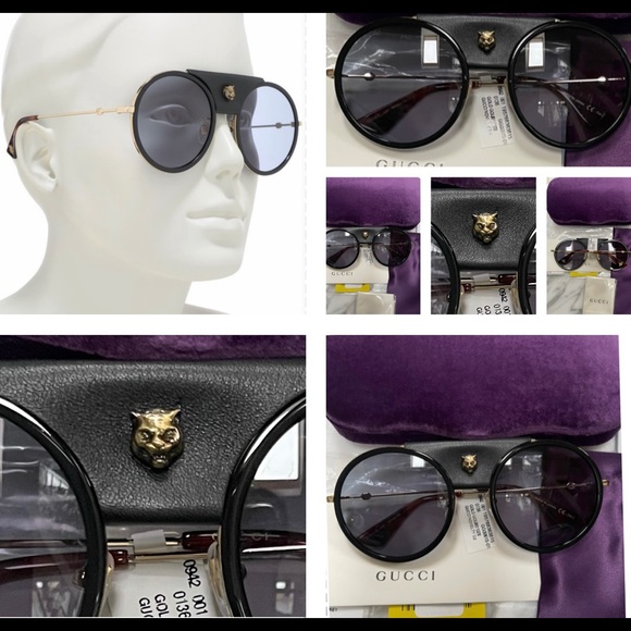GUCCI UNISEX ROUND SUNGLASSES WITH DETACHABLE BLACK LEATHER & LOGO TIGER HEAD - Picture 7 of 16